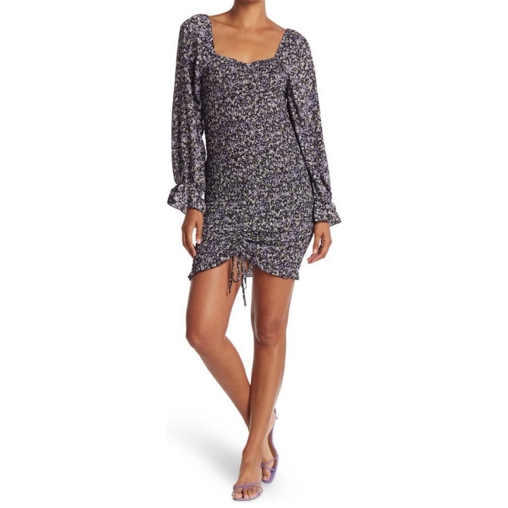 KENEDIK Floral  Ruched Long Sleeve Dress.Color:Black /Chambray.New with Tag!